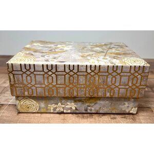 Decorative Floral Bird Storage Box With Geometric Gold Trim